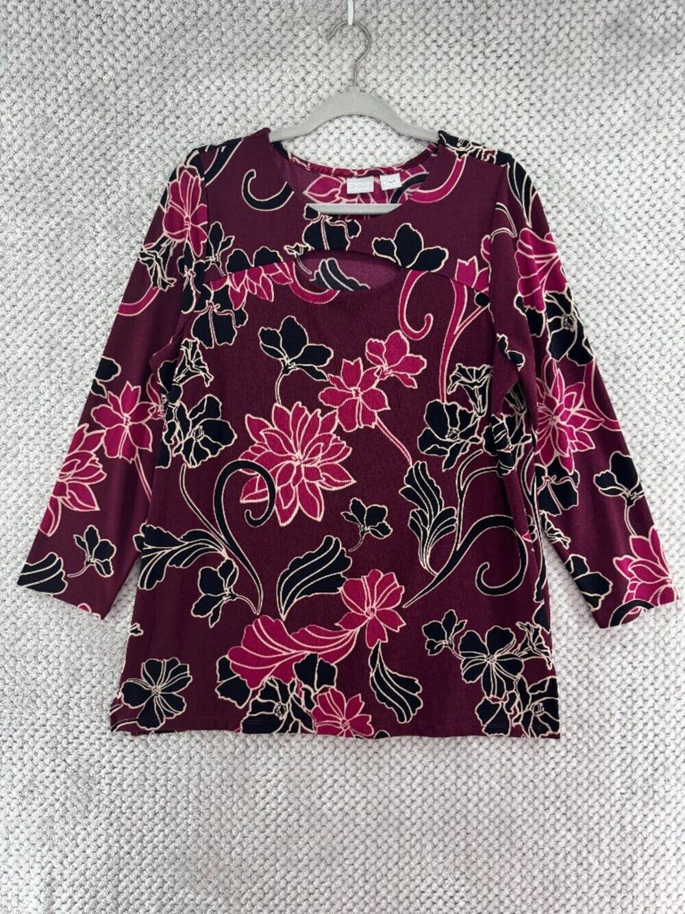 CHICOS Travelers Tunic Top Womens 2 12/14 L Red Black Floral Long Sleeve
